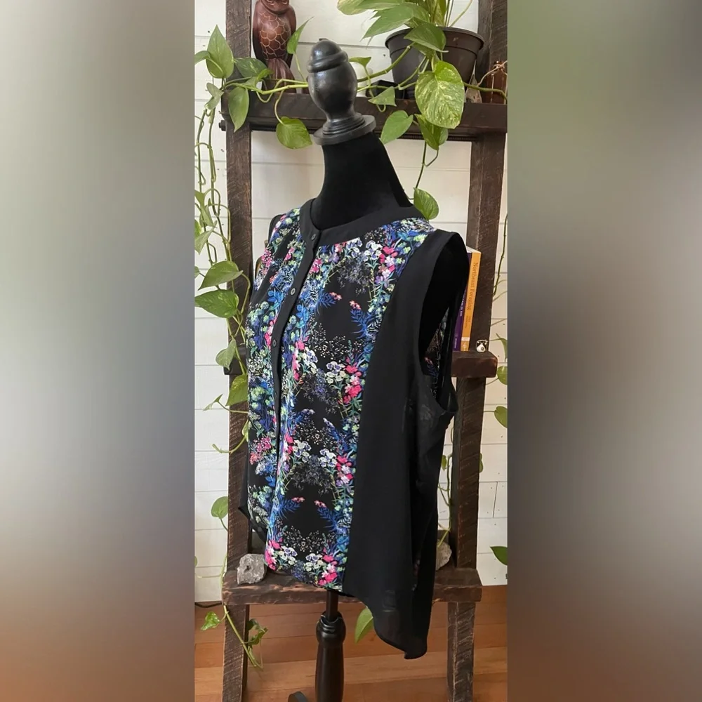 Nicole Miller: Long Black BoHo Flowy Floral Button Down Blouse